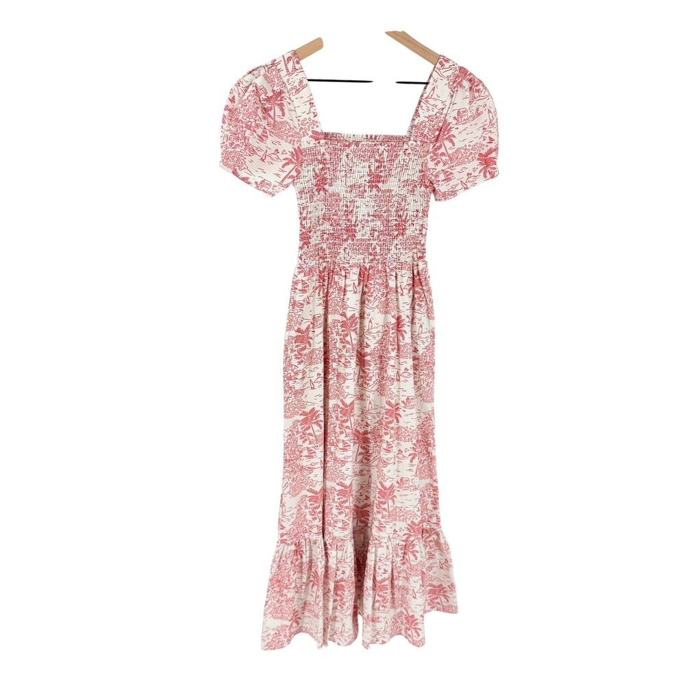 Maison Me Dress Red XS Smocked Toile Puff Sleeve Midi Cotton Coastal Brunch
